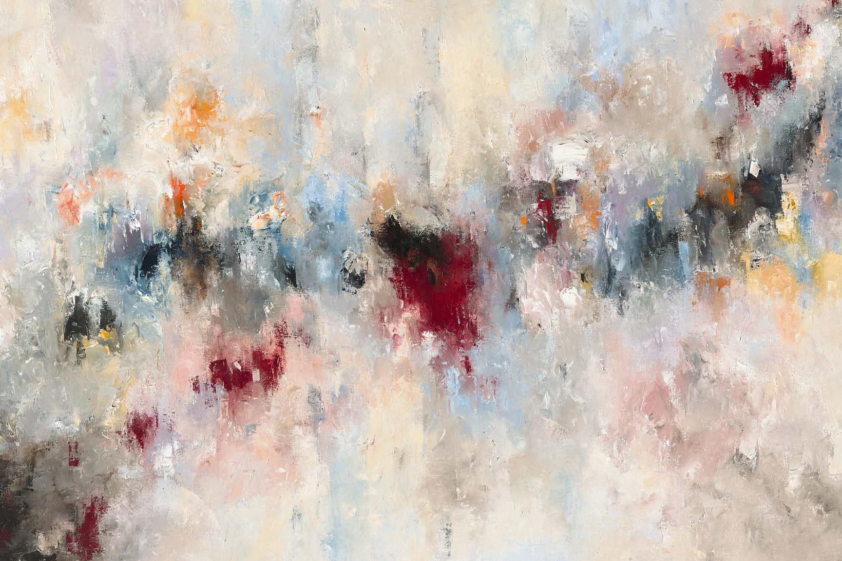 Detail of a painting: crimson and slate breaking through a pale, worked ground.