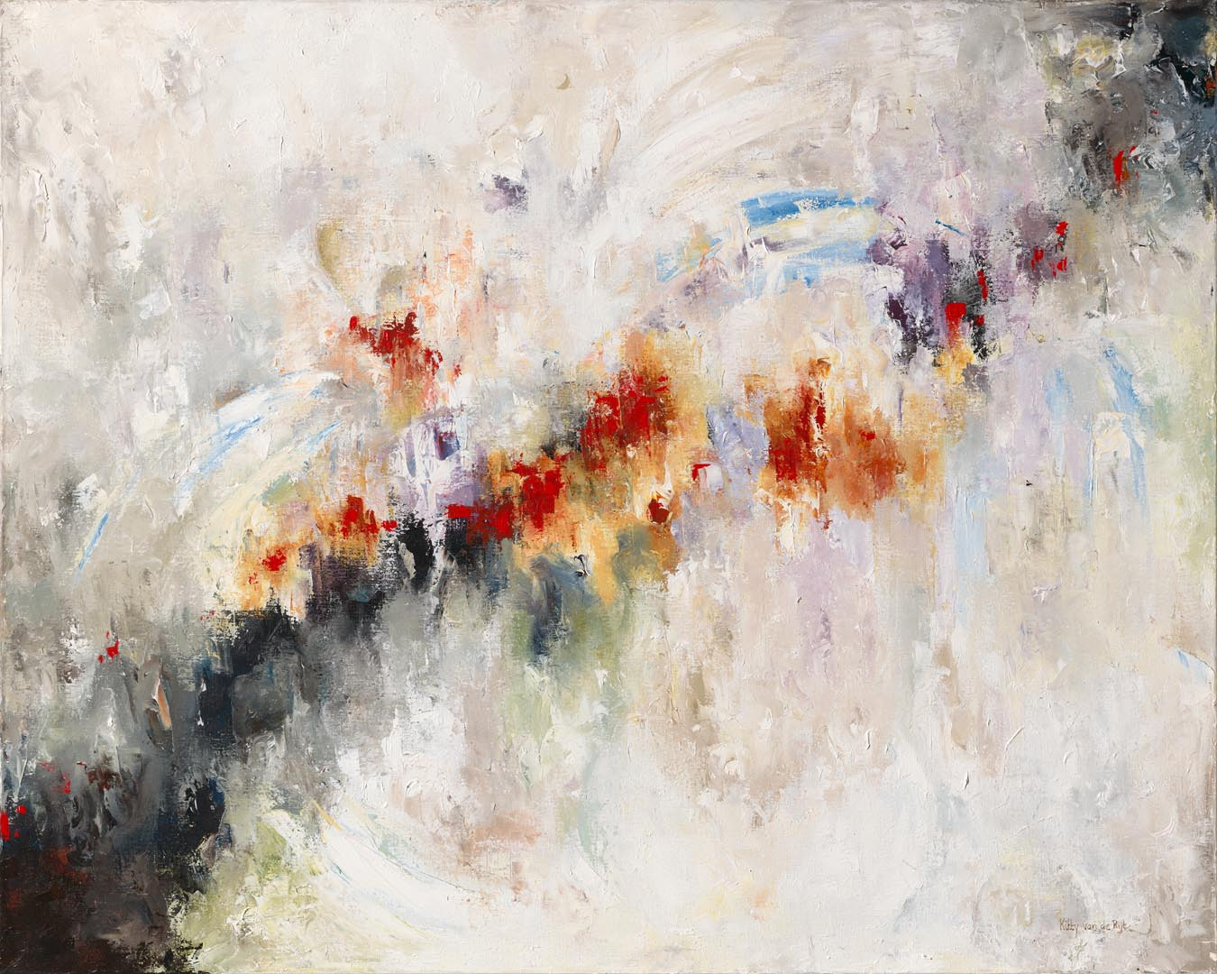 Window to Imagination, an ivory canvas crossed by a low band of scarlet and amber.